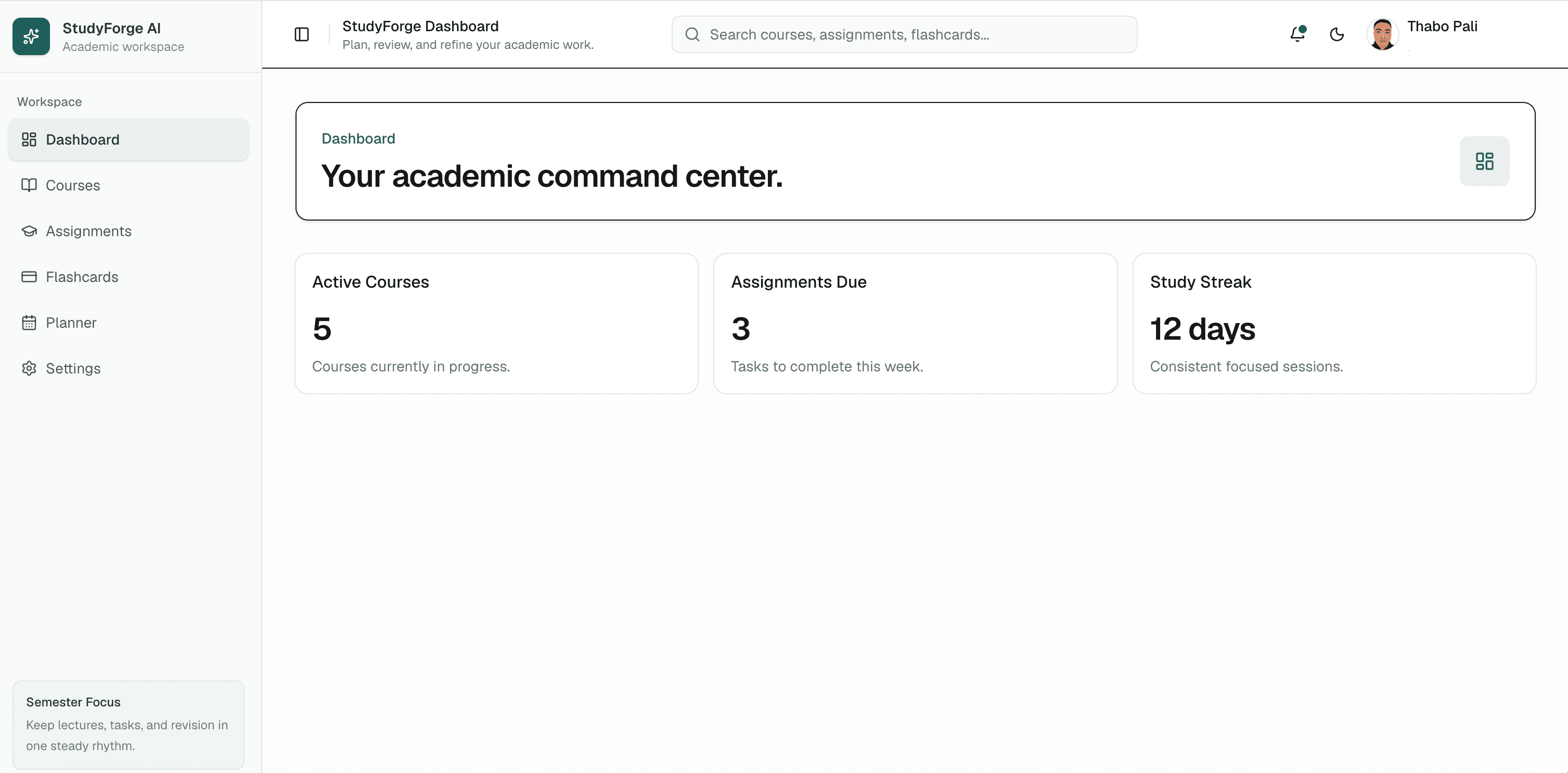 StudyForge AI dashboard showing the courses view with authenticated user